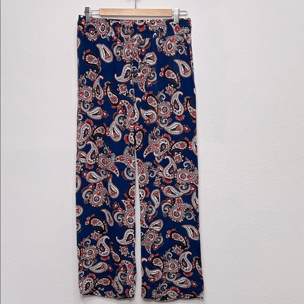 Hester & Orchard Blue Paisley Wide Leg Rayon Drawstring Pants Small‎